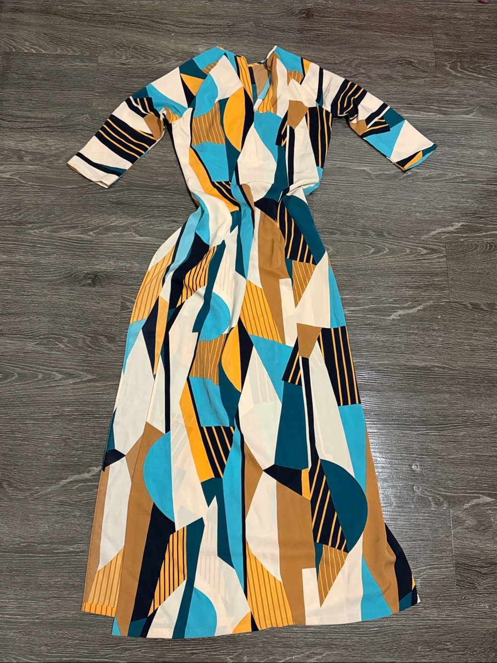 Abstract Geo-Print Maxi Dress in Teal & Mustard